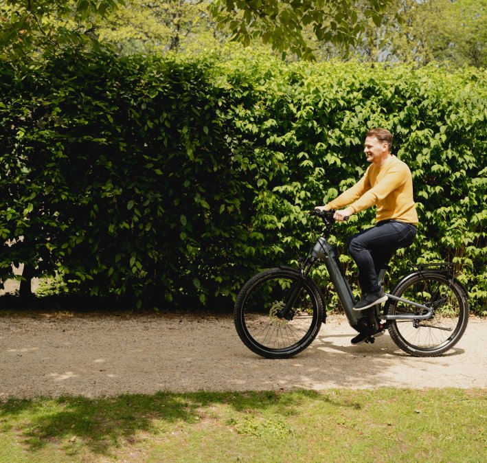 Mann auf vollgefedertem E-Bike vor Hecke