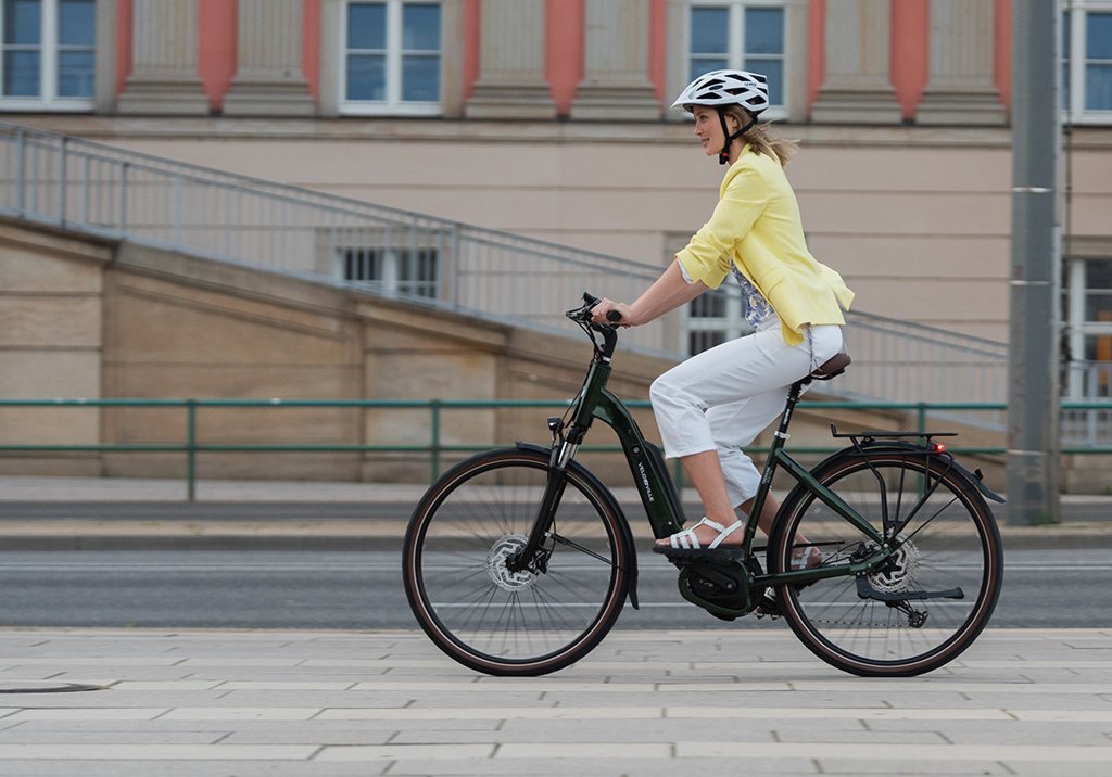Frau auf Tiefeinsteiger E-Bike